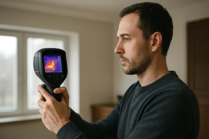 Muž s termovíznou kamerou meria teplotu v miestnosti.