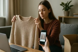 Žena s pleteným sveterom a mobilným telefónom pri predaji na Vinted
