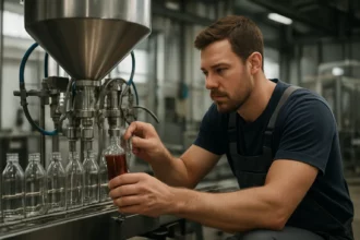 Pracovník s dávkovačom plní fľašu v priemyselnom prostredí.