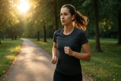 Žena behajúca v prírode s ranným slnkom v pozadí.