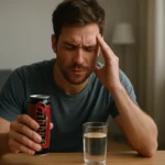 Muž s energetickým nápojom Hell a pohárom vody, trpí bolesťou hlavy.