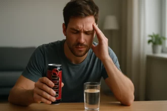 Muž s energetickým nápojom Hell a pohárom vody, trpí bolesťou hlavy.
