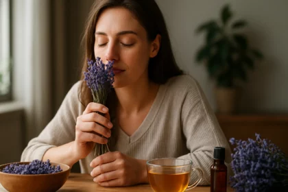 Žena cíti levanduľu, relaxuje s čajom a aromaterapiou