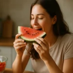 Mladá žena si vychutnáva zdravý melón plný vitamínov a chuti.