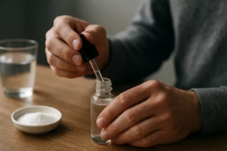 Osoba plniaca strieborný koloidný roztok do fľaštičky