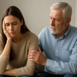 Mladá žena vyjadruje znepokojenie, starší muž ponúka podporu.