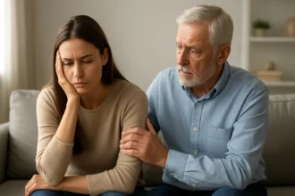 Mladá žena vyjadruje znepokojenie, starší muž ponúka podporu.
