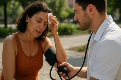 Žena trpiaca horúčavou, meranie krvného tlaku