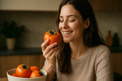 Žena sa usmieva, drží hurmikaki a vychutnáva si jeho chuť