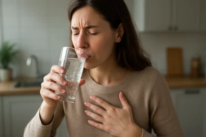 Mladá žena pije sýtenú vodu, skúma účinky na zdravie.
