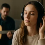 Žena počúva hudbu s uzavretými očami, muž hrá na gitare.