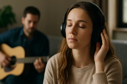 Žena počúva hudbu s uzavretými očami, muž hrá na gitare.