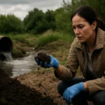 Žena analyzuje znečistenú pôdu pri vodnom toku