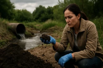 Žena analyzuje znečistenú pôdu pri vodnom toku