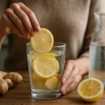 Žena pridáva plátky citrónu do pohára so zázvorovou vodou.