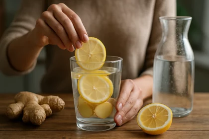 Žena pridáva plátky citrónu do pohára so zázvorovou vodou.