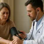 Lekár meria krvný tlak pacientky na vyšetrení