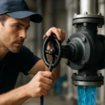 Inžinier kontroluje spätný ventil v potrubí na riadenie toku kvapaliny.