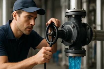 Inžinier kontroluje spätný ventil v potrubí na riadenie toku kvapaliny.