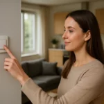 Žena ovládajúca bezdrôtový spínač v modernej domácnosti.