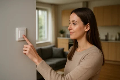 Žena ovládajúca bezdrôtový spínač v modernej domácnosti.