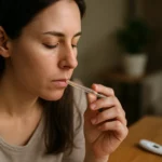 Žena meria teplotu teplomerom v pokoji