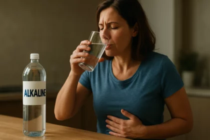 Žena pije alkalickú vodu a má problémy so žalúdkom.