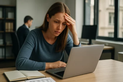 Žena vyzerajúca znepokojene pri práci na počítači