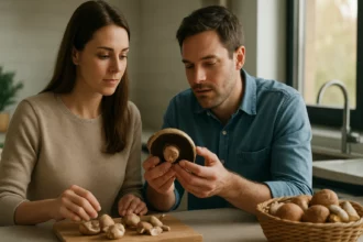 Dve osoby skúmajú huby na stole v kuchyni.