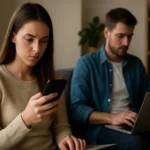 Mladá žena a muž komunikujúce prostredníctvom technológií.