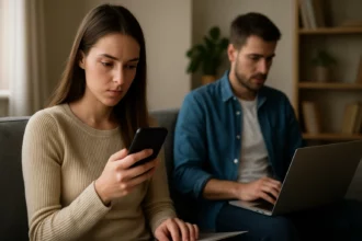 Mladá žena a muž komunikujúce prostredníctvom technológií.