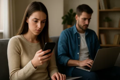 Mladá žena a muž komunikujúce prostredníctvom technológií.