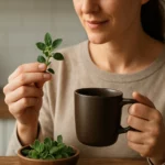 Žena s čerstvým oreganom a šálkou čaju v kuchyni.