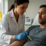 Špecialista vykonáva Drakula terapiu na pacientovi v klinickom prostredí.