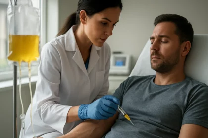 Špecialista vykonáva Drakula terapiu na pacientovi v klinickom prostredí.