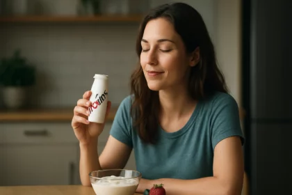 Žena si vychutnáva Actimel, probiotický nápoj na podporu zdravia.