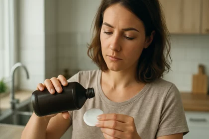 Žena nalieva peroxid vodíka na vatový tampón na čistenie.