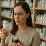 Žena skúma prísady v kozmetike obsahujúcej metylparabén