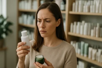 Žena skúma prísady v kozmetike obsahujúcej metylparabén