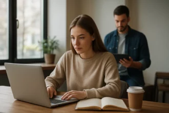 Študent pracuje na laptopu s knihou a kávou v kaviarni