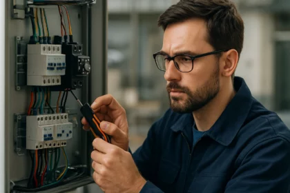 Muž pracujúci na elektrickej inštalácii s koncovými spínačmi