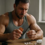 Muž skúma tabletky steroidov pri stole v interiéri.