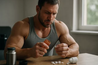 Muž skúma tabletky steroidov pri stole v interiéri.