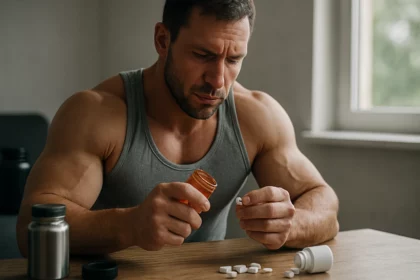 Muž skúma tabletky steroidov pri stole v interiéri.