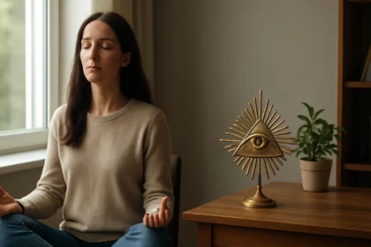 Žena medituje pri Oku Allaha, symbolizuje duchovný rast a vnútorný pokoj.