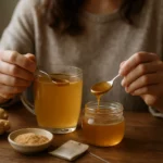 Príprava instantného čaju s medom a zázvorom na drevenom stole