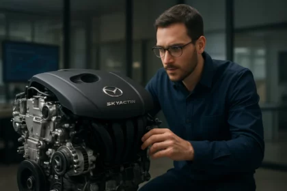 Inžinier kontroluje Mazda Skyactiv motor s modernou technológiou.