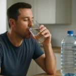 Muž pije destilovanú vodu z pohára pri stole.