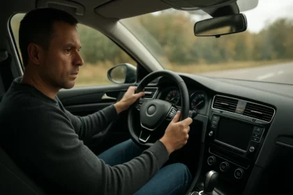 Muž za volantom automobilu s dôrazom na bezpečnú jazdu.