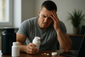 Muž sa cíti zle kvôli svalovým doplnkom na stole.